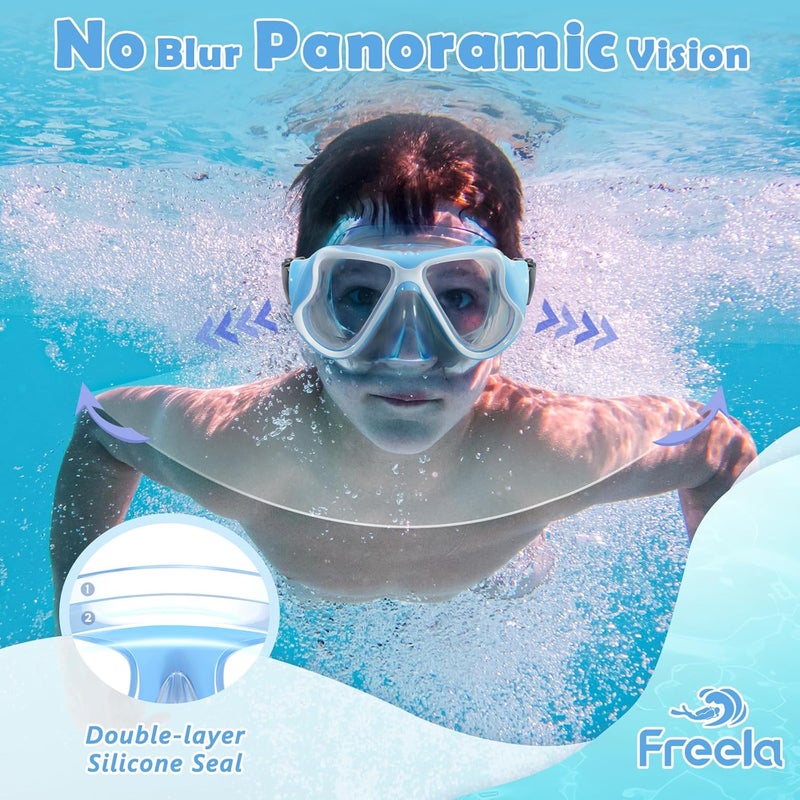 Freela 2 Pack Kids Swim Goggles Mask for Boys Girls 3-14, Tempered Glass Lens 180° HD View with Nose Cover for Pool Beach - Image 3